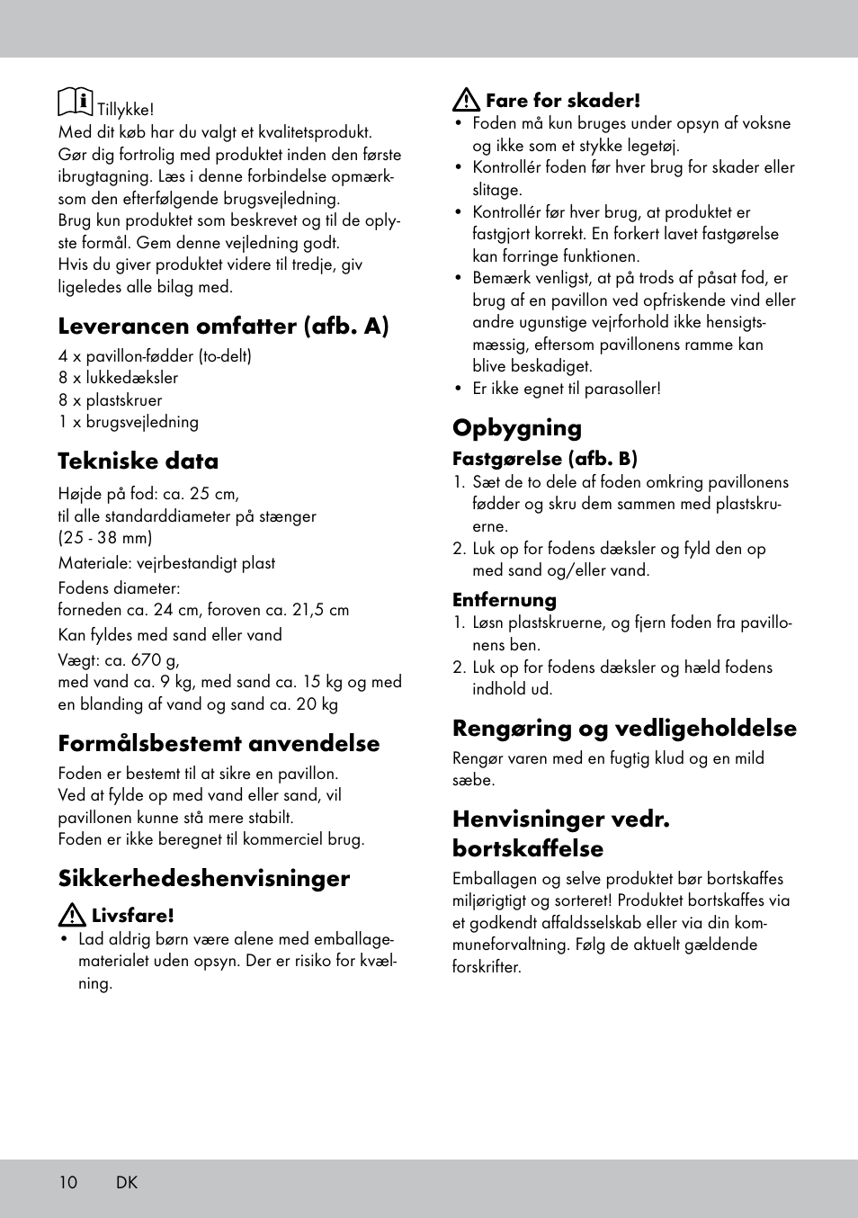 Leverancen omfatter (afb. a), Tekniske data, Formålsbestemt anvendelse | Sikkerhedeshenvisninger, Opbygning, Rengøring og vedligeholdelse, Henvisninger vedr. bortskaffelse | Florabest PS-1801 User Manual | Page 10 / 20