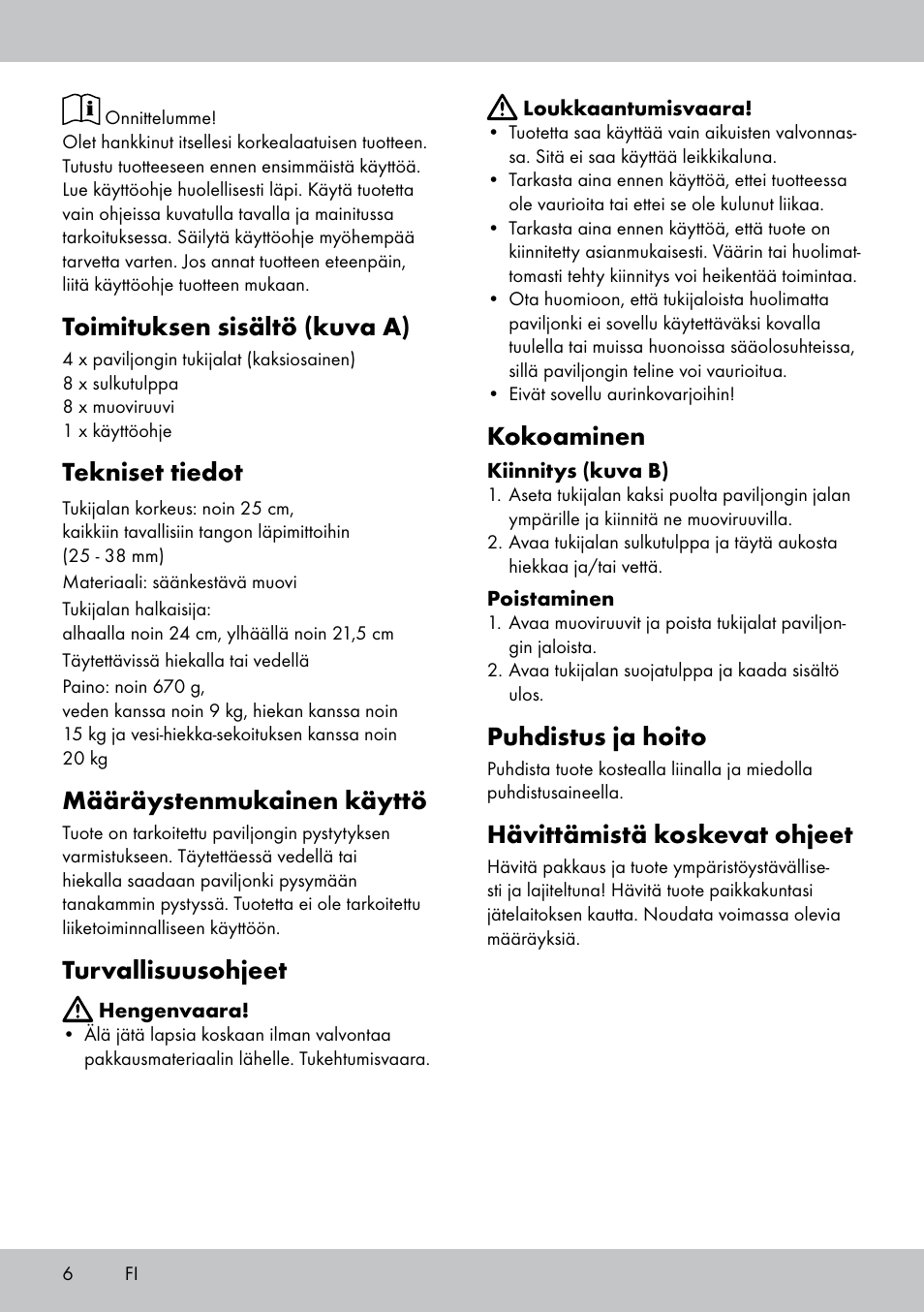 Toimituksen sisältö (kuva a), Tekniset tiedot, Määräystenmukainen käyttö | Turvallisuusohjeet, Kokoaminen, Puhdistus ja hoito, Hävittämistä koskevat ohjeet | Florabest PS-1801 User Manual | Page 6 / 20