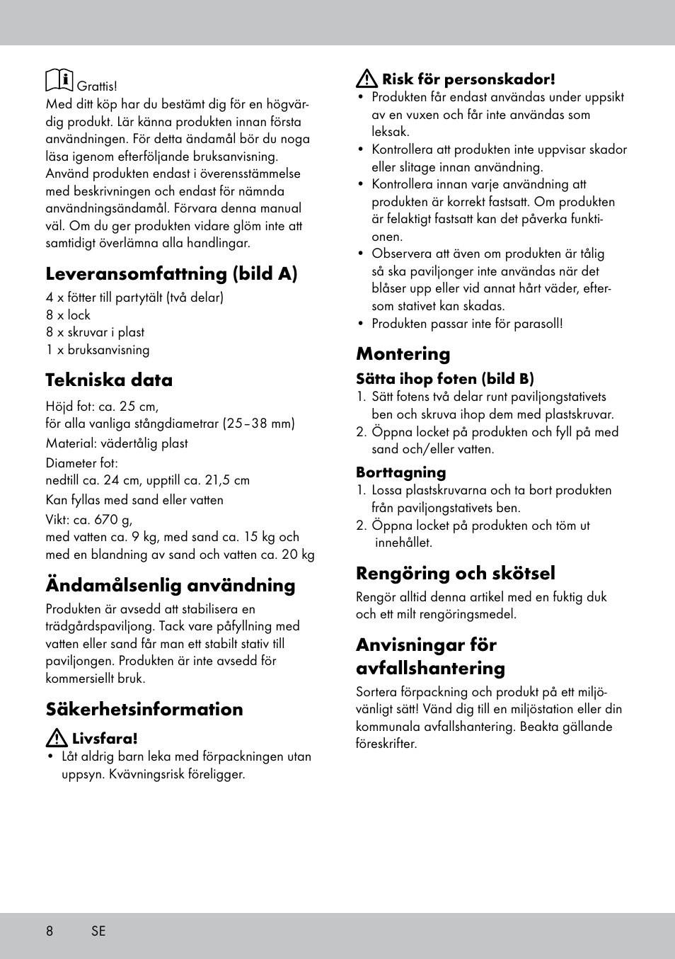 Leveransomfattning (bild a), Tekniska data, Ändamålsenlig användning | Säkerhetsinformation, Montering, Rengöring och skötsel, Anvisningar för avfallshantering | Florabest PS-1801 User Manual | Page 8 / 20