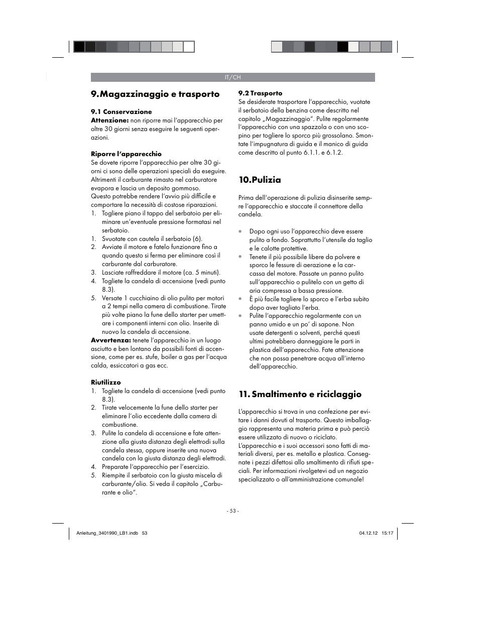 Magazzinaggio e trasporto, Pulizia, Smaltimento e riciclaggio | Florabest FBS 43 A1 User Manual | Page 53 / 90