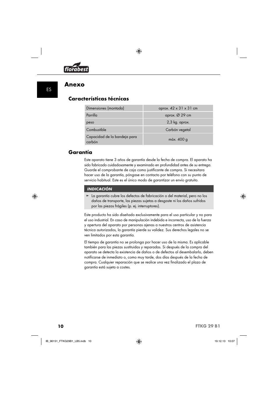 Anexo, Características técnicas, Garantía | Florabest FTKG 29 B1 User Manual | Page 13 / 52