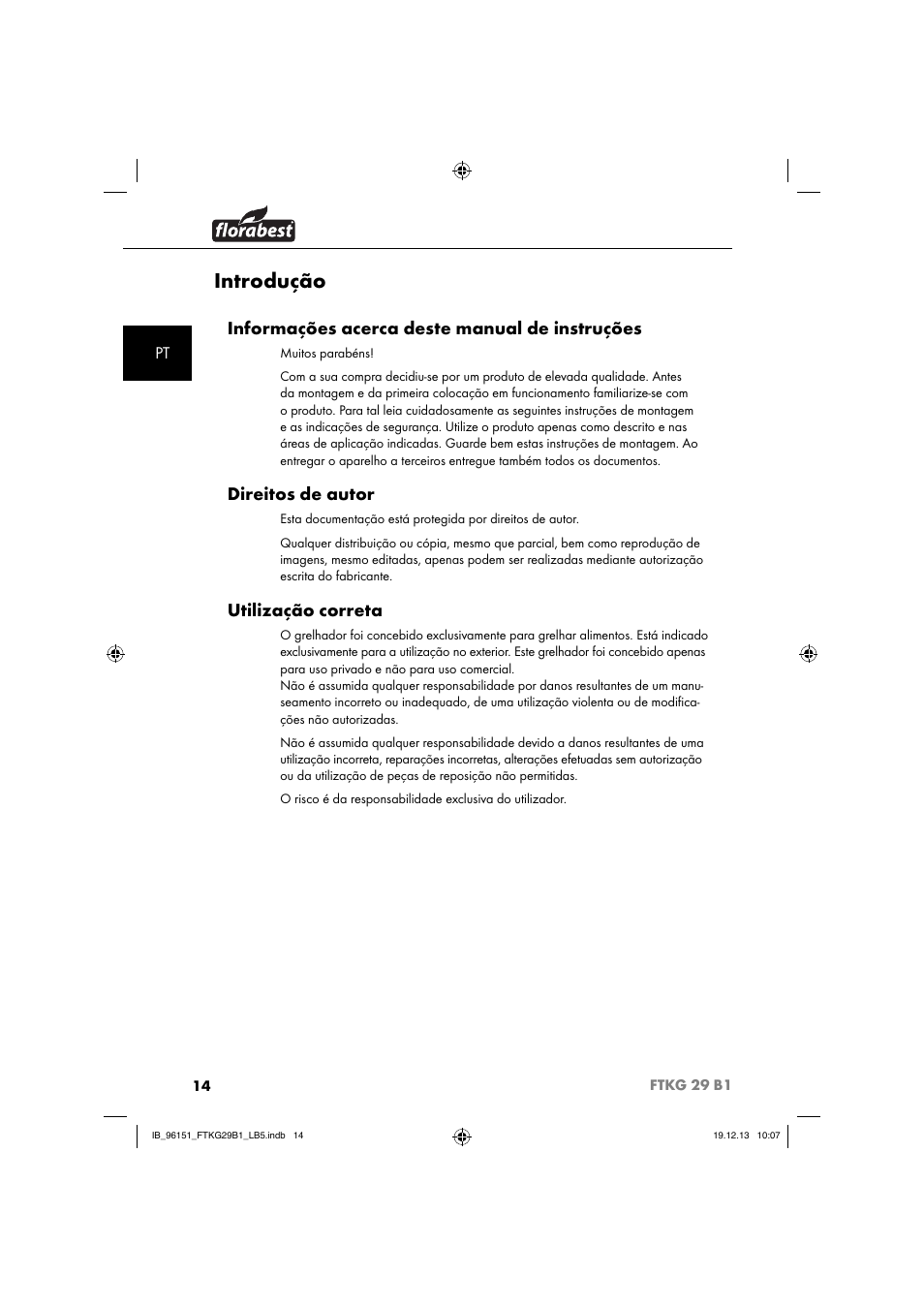 Introdução, Informações acerca deste manual de instruções, Direitos de autor | Utilização correta | Florabest FTKG 29 B1 User Manual | Page 17 / 52