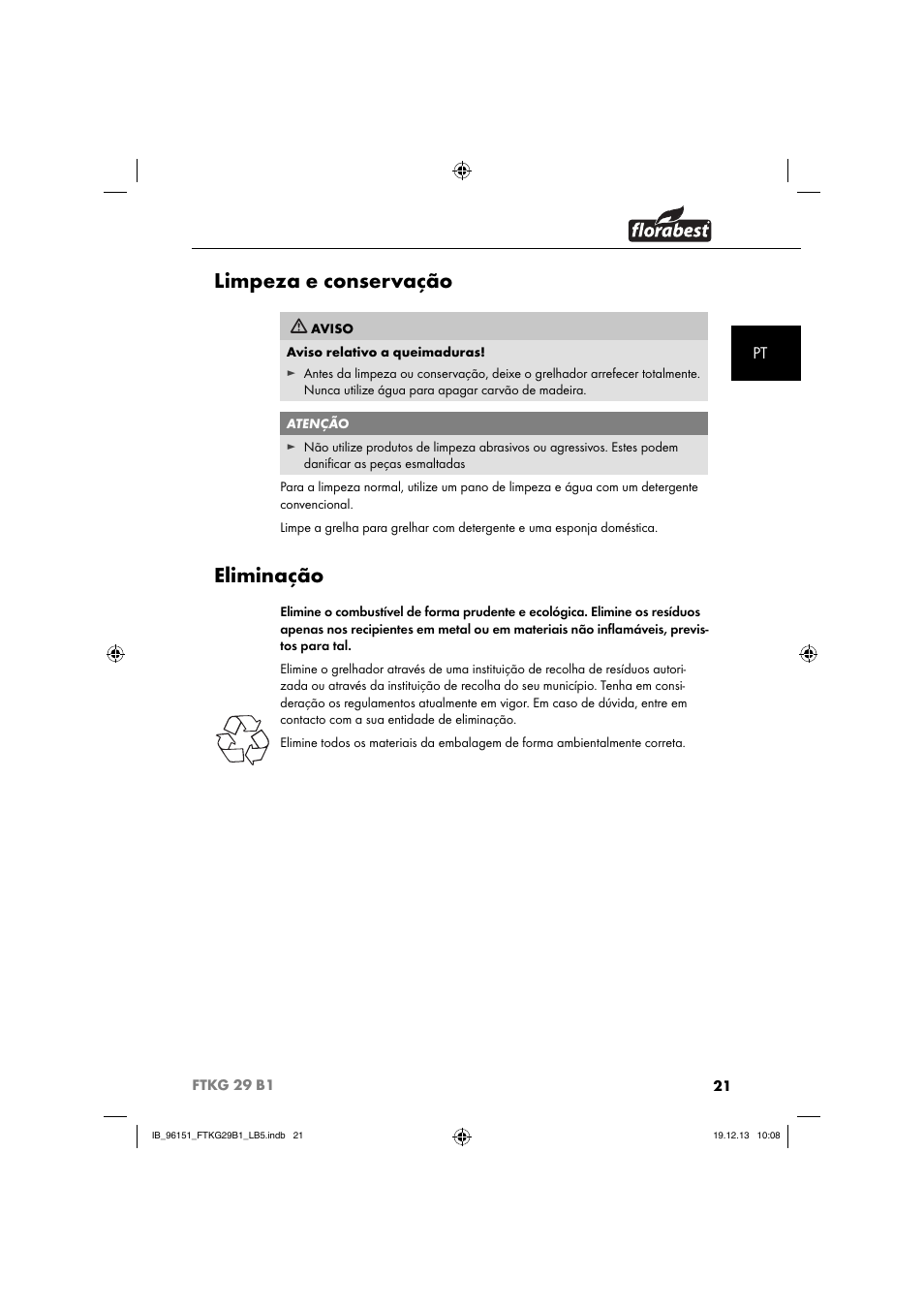 Limpeza e conservação, Eliminação | Florabest FTKG 29 B1 User Manual | Page 24 / 52