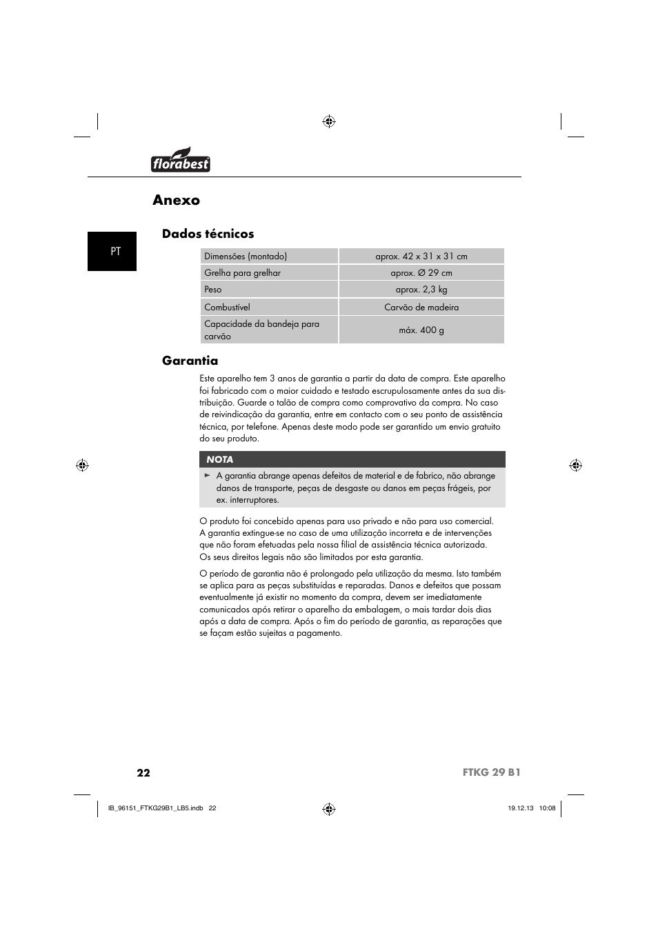 Anexo, Dados técnicos, Garantia | Florabest FTKG 29 B1 User Manual | Page 25 / 52