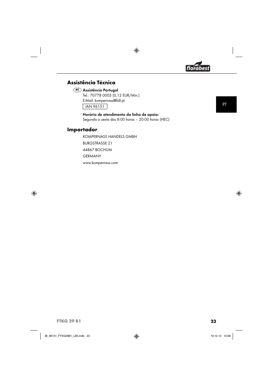 Assistência técnica, Importador | Florabest FTKG 29 B1 User Manual | Page 26 / 52