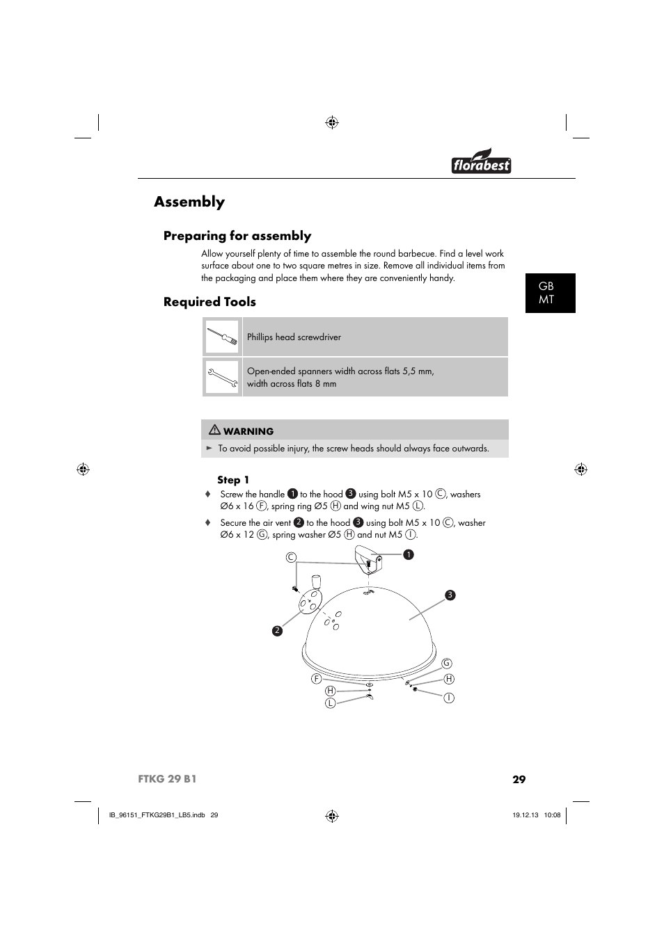 Assembly, Preparing for assembly, Required tools | Gb mt | Florabest FTKG 29 B1 User Manual | Page 32 / 52