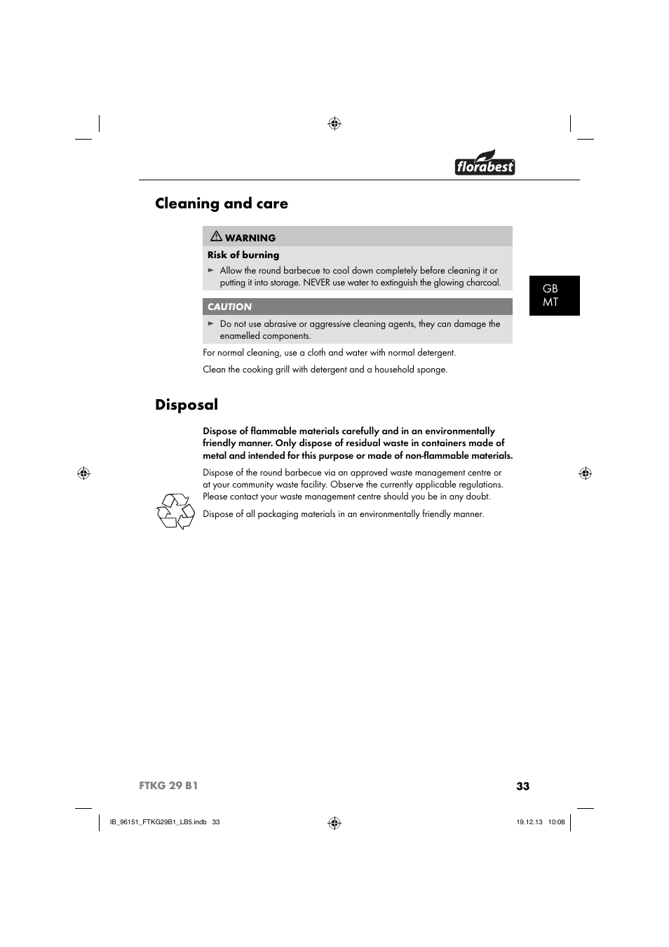Cleaning and care, Disposal, Gb mt | Florabest FTKG 29 B1 User Manual | Page 36 / 52