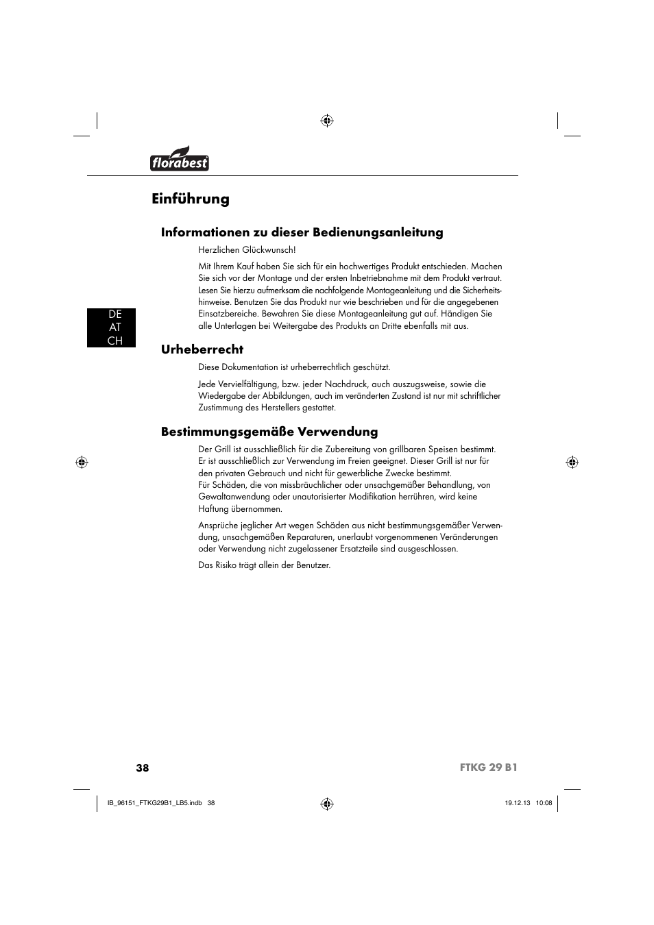 Einführung, Informationen zu dieser bedienungsanleitung, Urheberrecht | Bestimmungsgemäße verwendung | Florabest FTKG 29 B1 User Manual | Page 41 / 52
