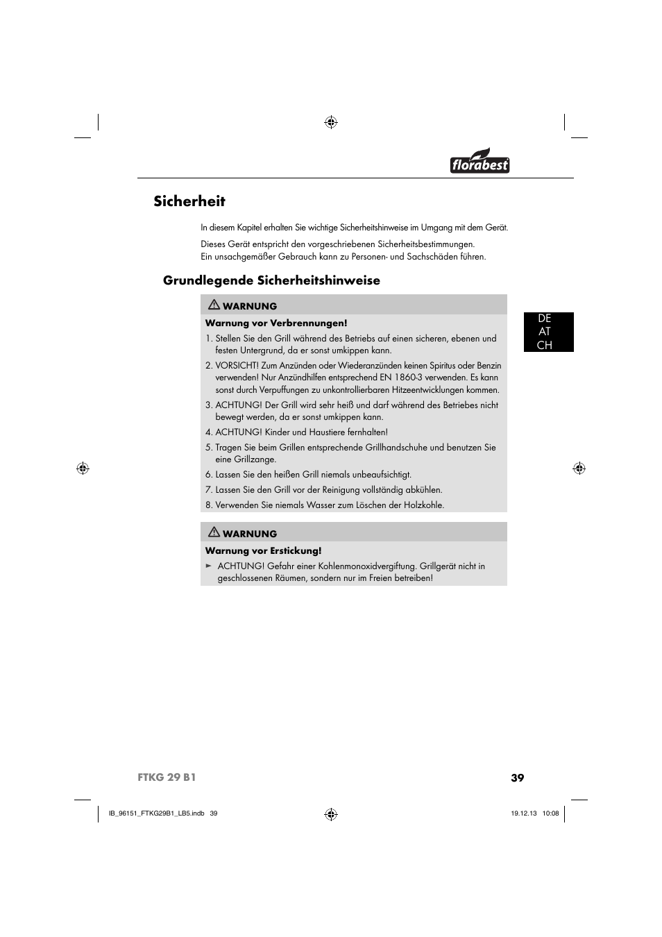 Sicherheit, Grundlegende sicherheitshinweise, De at ch | Florabest FTKG 29 B1 User Manual | Page 42 / 52