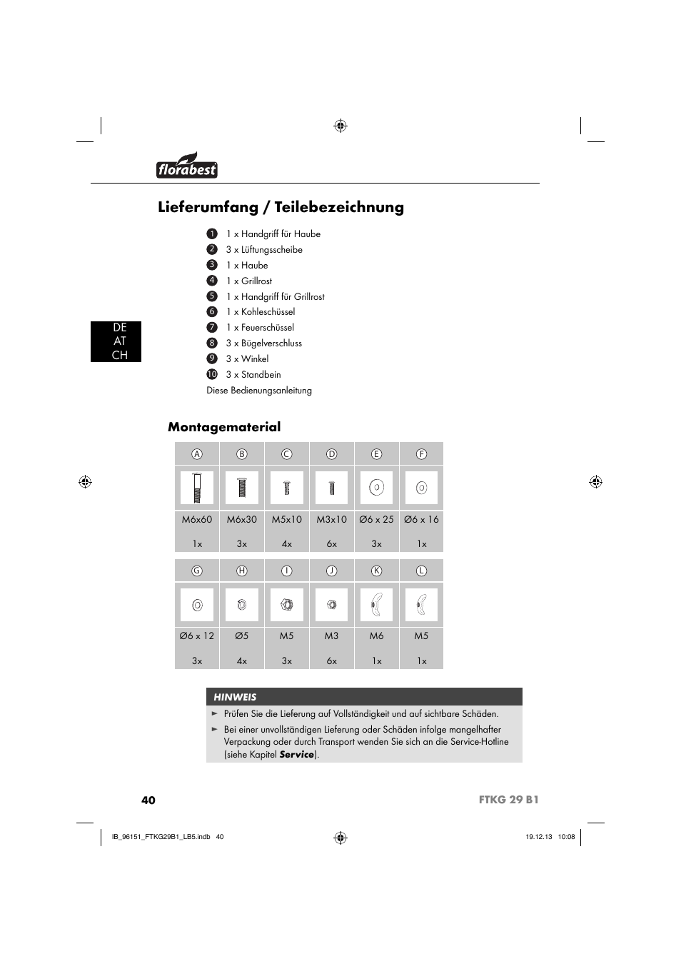 Lieferumfang / teilebezeichnung, Montagematerial, De at ch | Florabest FTKG 29 B1 User Manual | Page 43 / 52