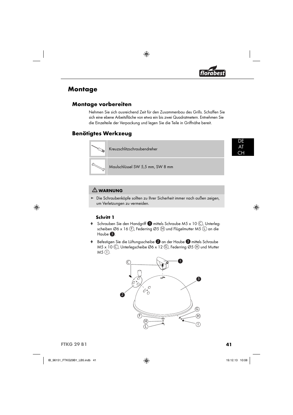 Montage, Montage vorbereiten, Benötigtes werkzeug | De at ch | Florabest FTKG 29 B1 User Manual | Page 44 / 52