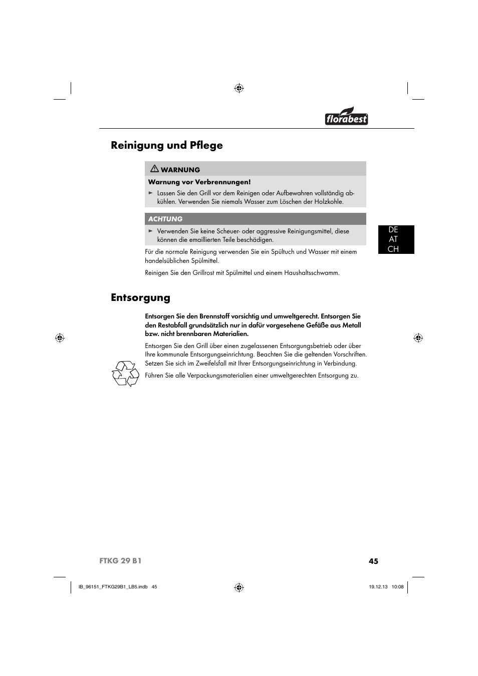 Reinigung und pﬂ ege, Entsorgung, De at ch | Florabest FTKG 29 B1 User Manual | Page 48 / 52