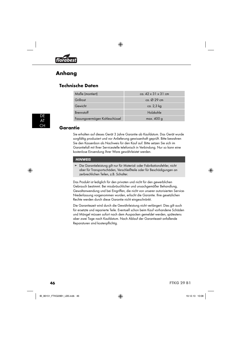 Anhang, Technische daten, Garantie | De at ch | Florabest FTKG 29 B1 User Manual | Page 49 / 52