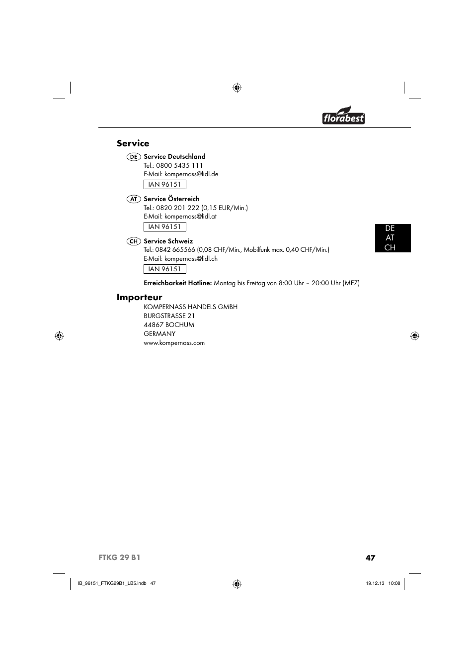Service, Importeur, De at ch | Florabest FTKG 29 B1 User Manual | Page 50 / 52