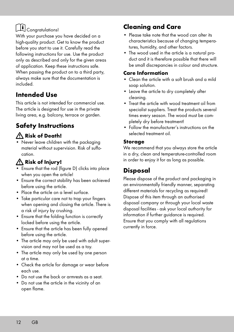 Intended use, Safety instructions, Cleaning and care | Disposal | Florabest GK-1600 User Manual | Page 10 / 14