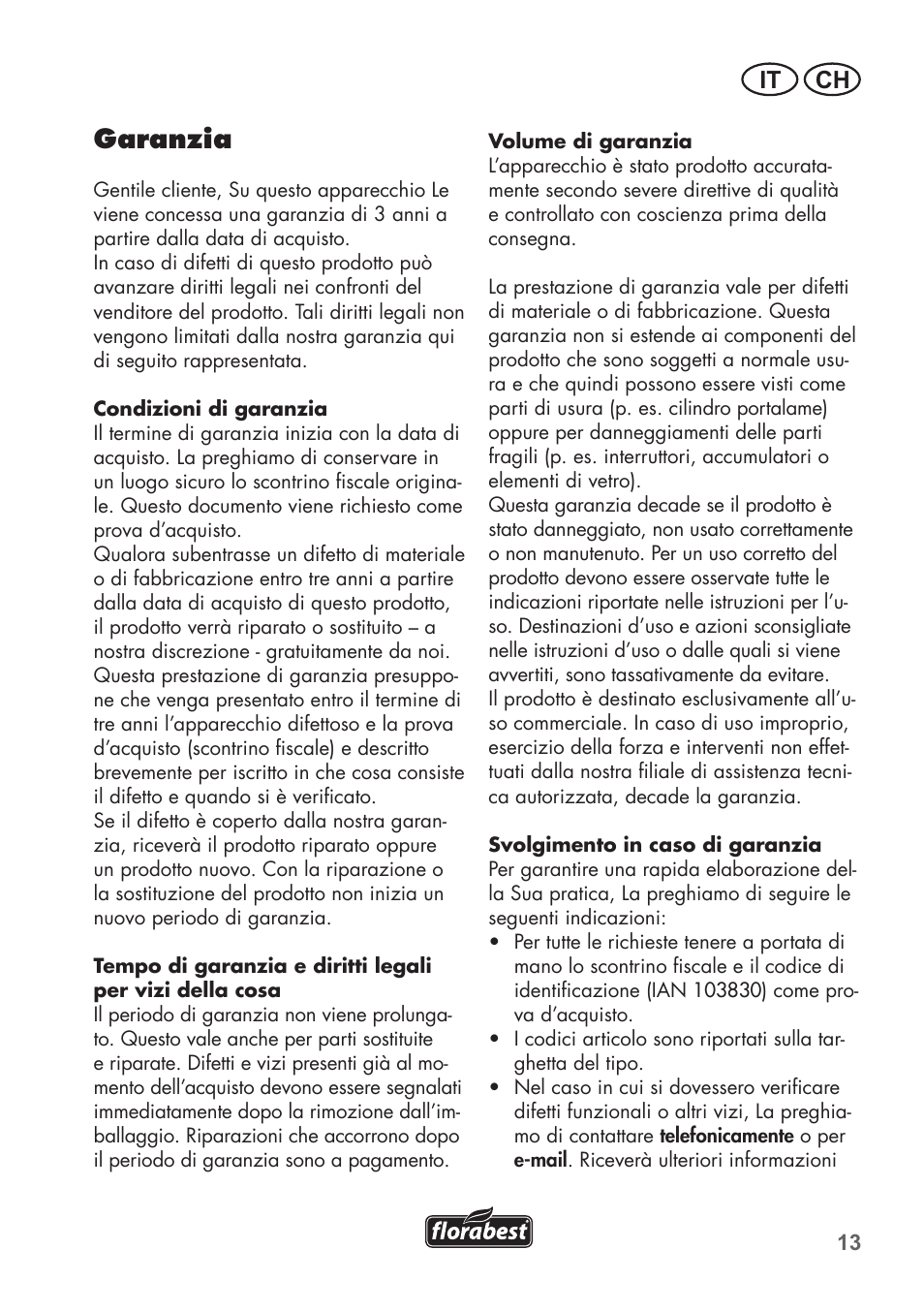 Garanzia, It ch | Florabest FHK15A1 User Manual | Page 13 / 20