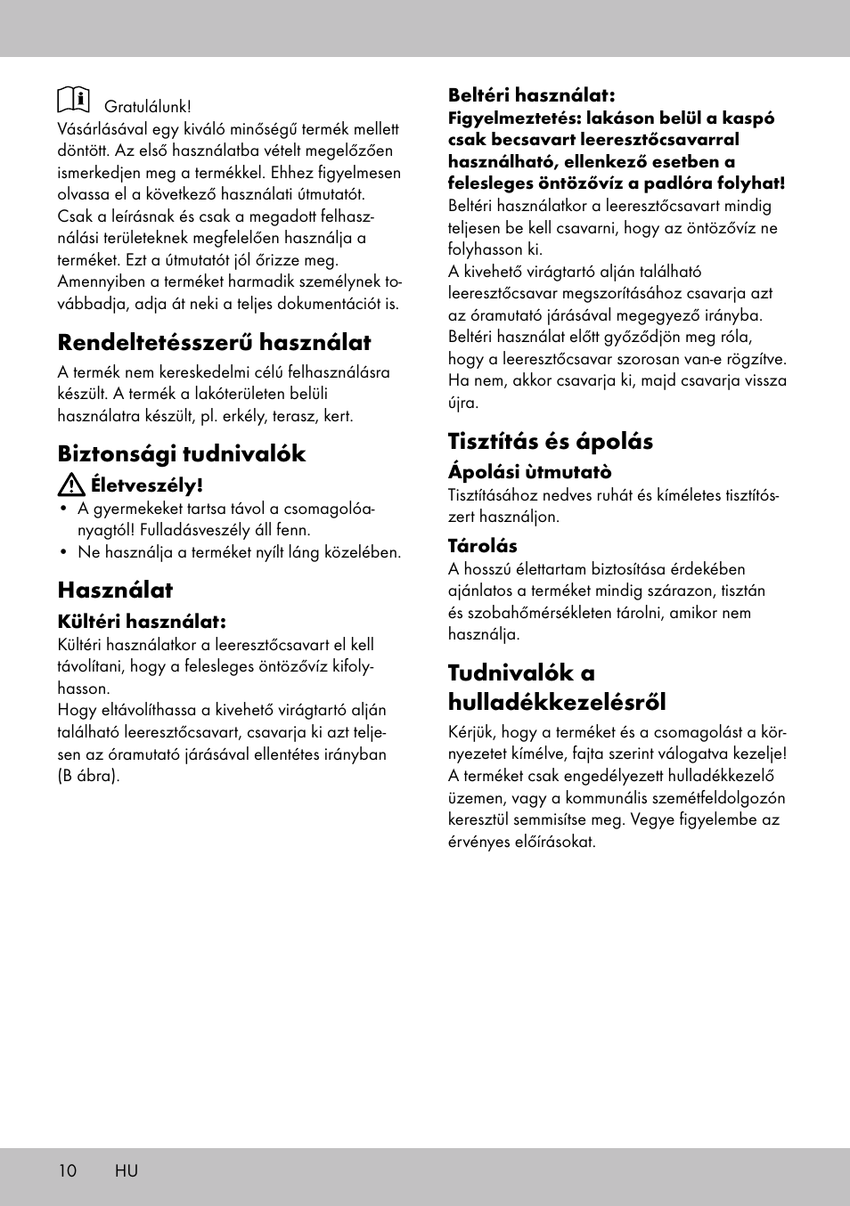 Rendeltetésszerű használat, Biztonsági tudnivalók, Használat | Tisztítás és ápolás, Tudnivalók a hulladékkezelésről | Florabest GP-1718 User Manual | Page 10 / 20
