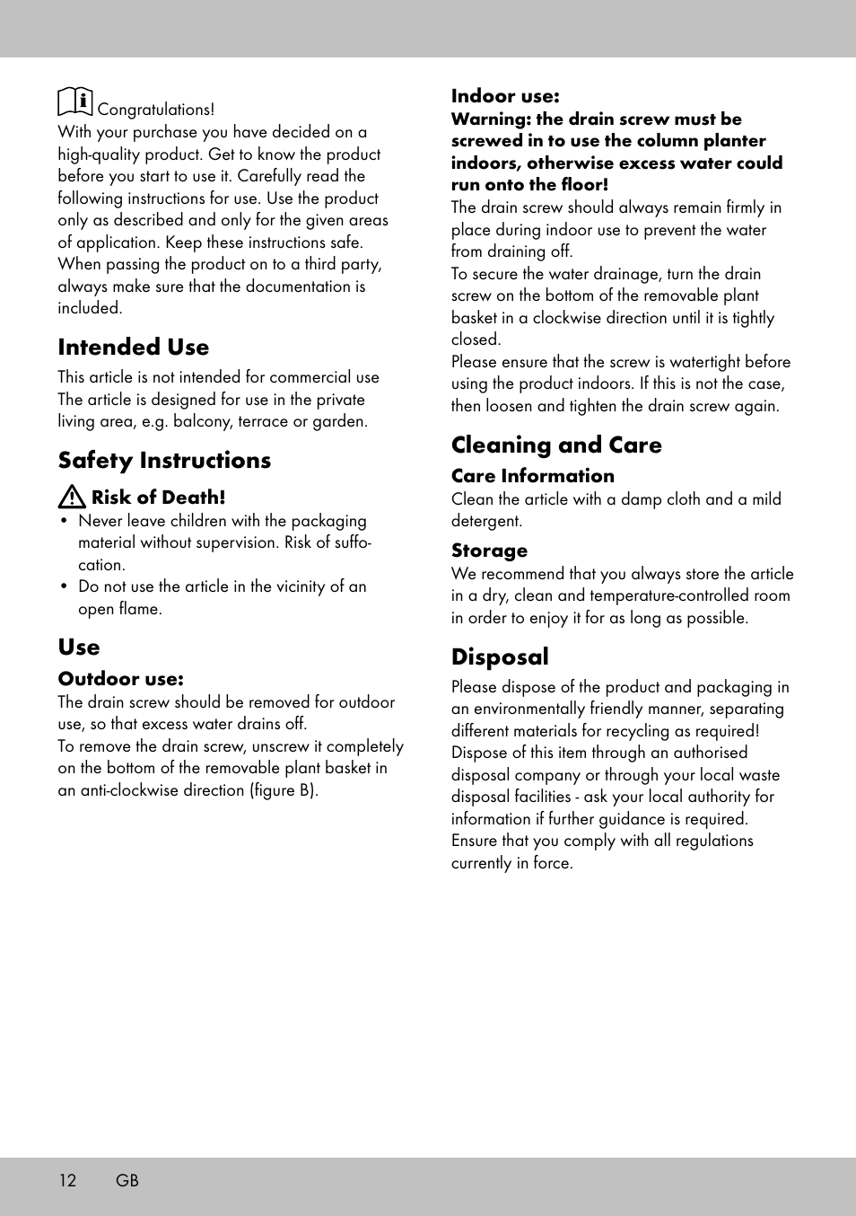 Intended use, Safety instructions, Cleaning and care | Disposal | Florabest GP-1717 User Manual | Page 12 / 16