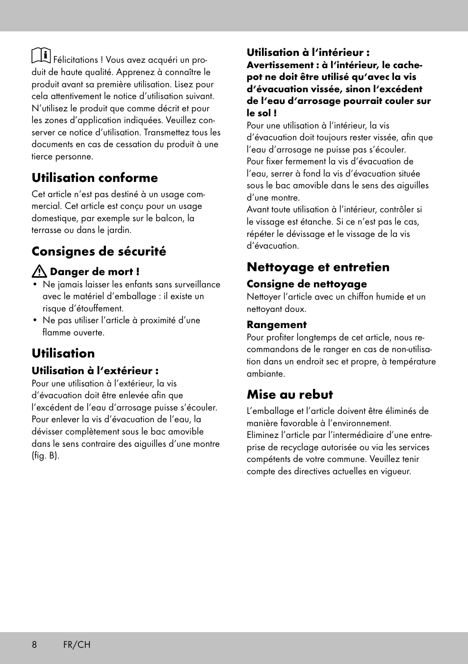 Utilisation conforme, Consignes de sécurité, Utilisation | Nettoyage et entretien, Mise au rebut | Florabest GP-1717 User Manual | Page 8 / 16