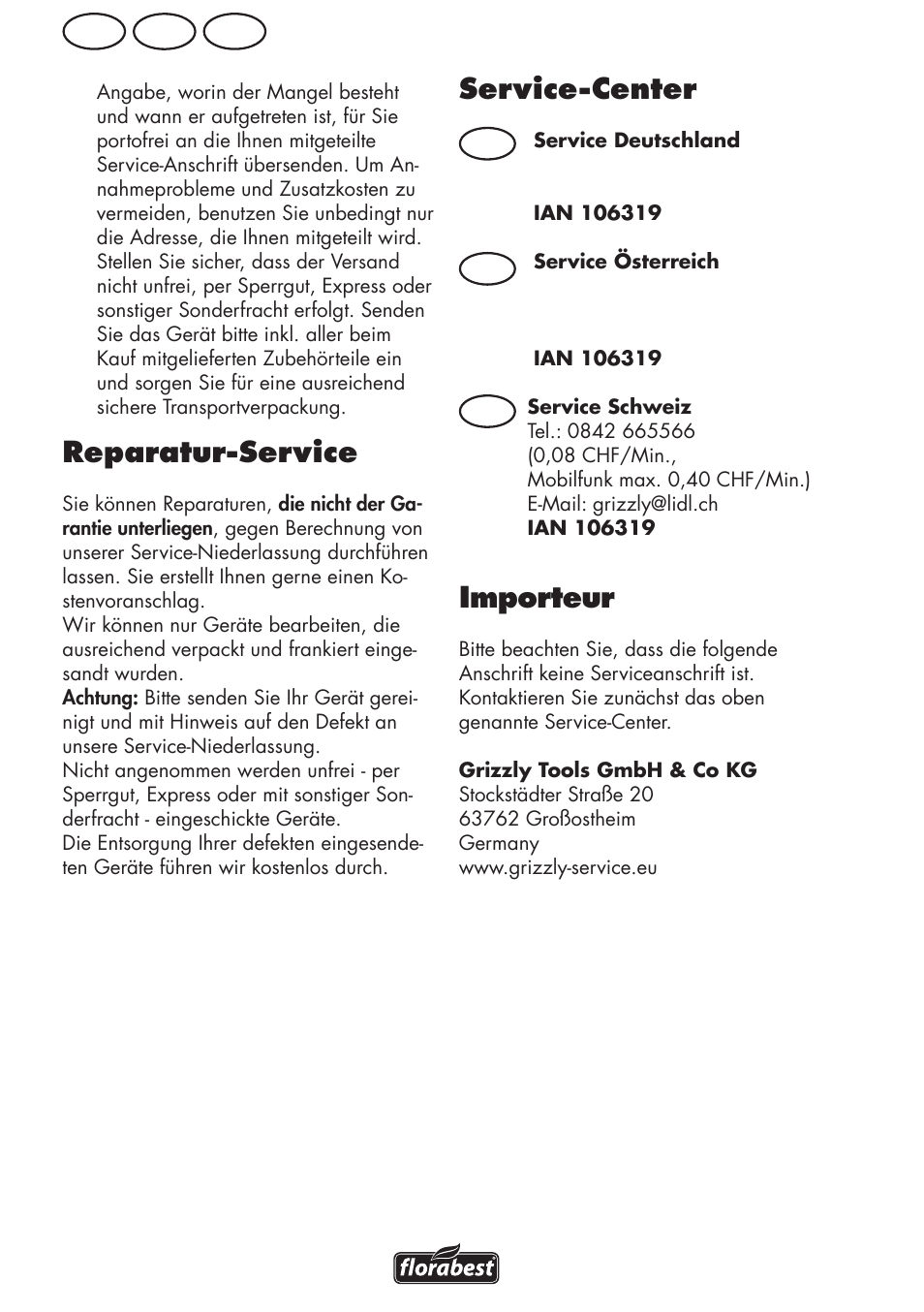 Reparatur-service, Service-center, Importeur | At de ch, De at ch | Florabest FRM 1800 B2 User Manual | Page 94 / 108
