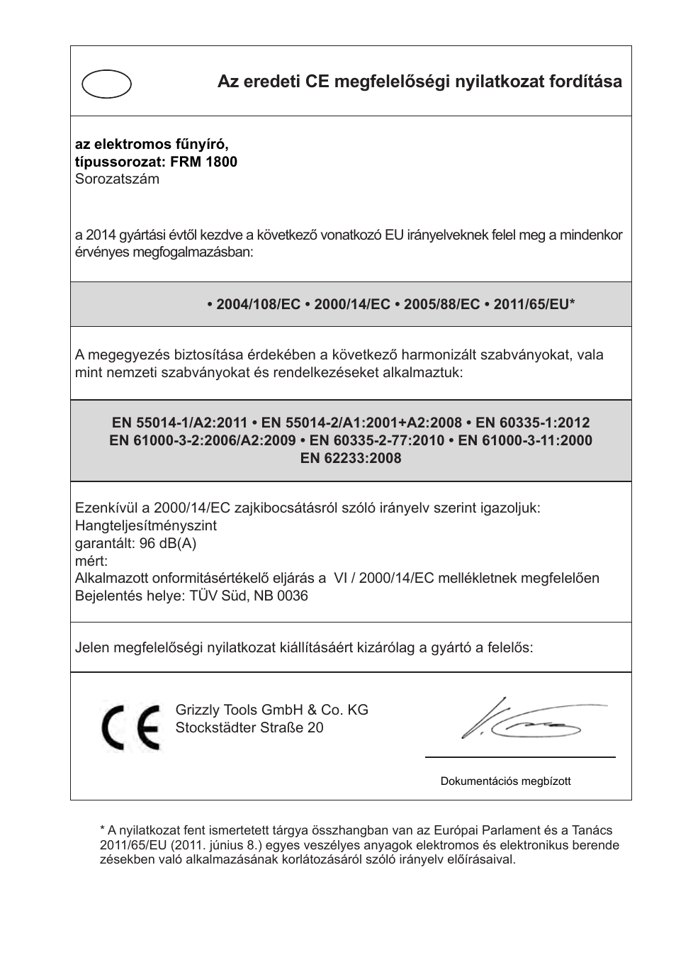 Az eredeti ce megfelelőségi nyilatkozat fordítása | Florabest FRM 1800 B2 User Manual | Page 97 / 108