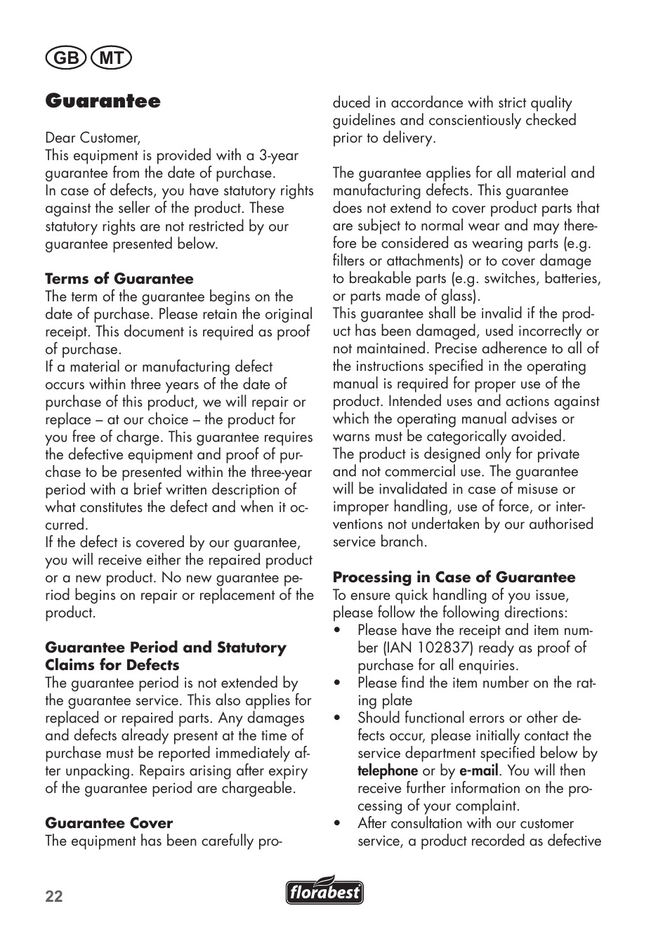 Guarantee, Gb mt | Florabest FGPS 1100 B2 User Manual | Page 22 / 40