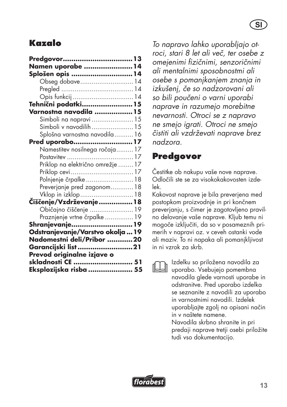Predgovor, Kazalo | Florabest FGPS 1100 B2 User Manual | Page 13 / 60