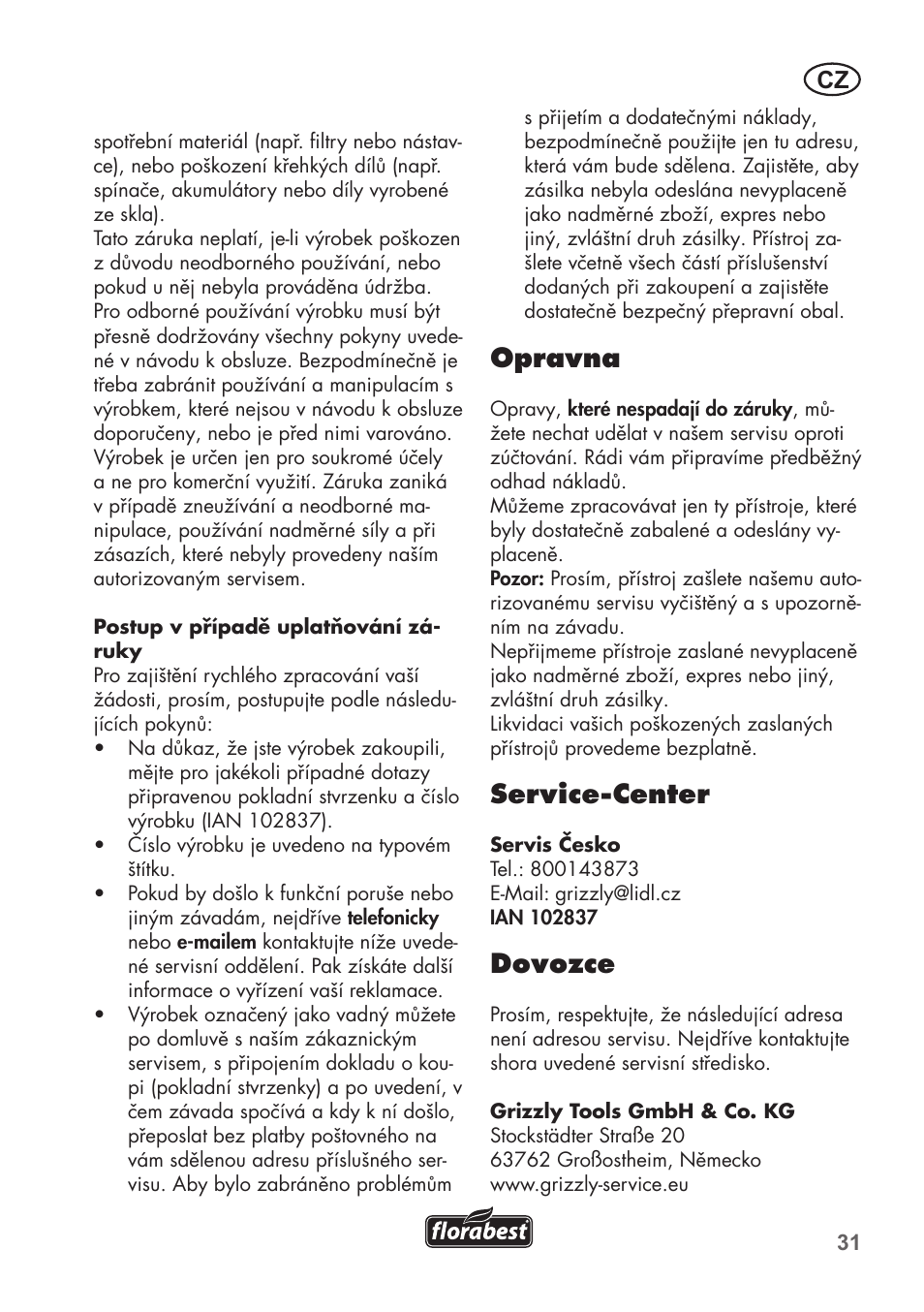 Opravna, Service-center, Dovozce | Florabest FGPS 1100 B2 User Manual | Page 31 / 60