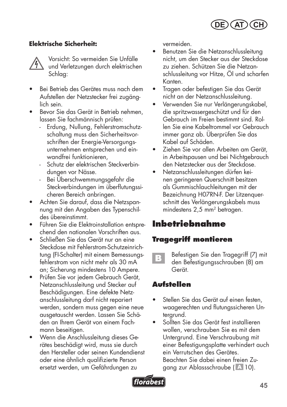 Inbetriebnahme, De at ch | Florabest FGPS 1100 B2 User Manual | Page 45 / 60
