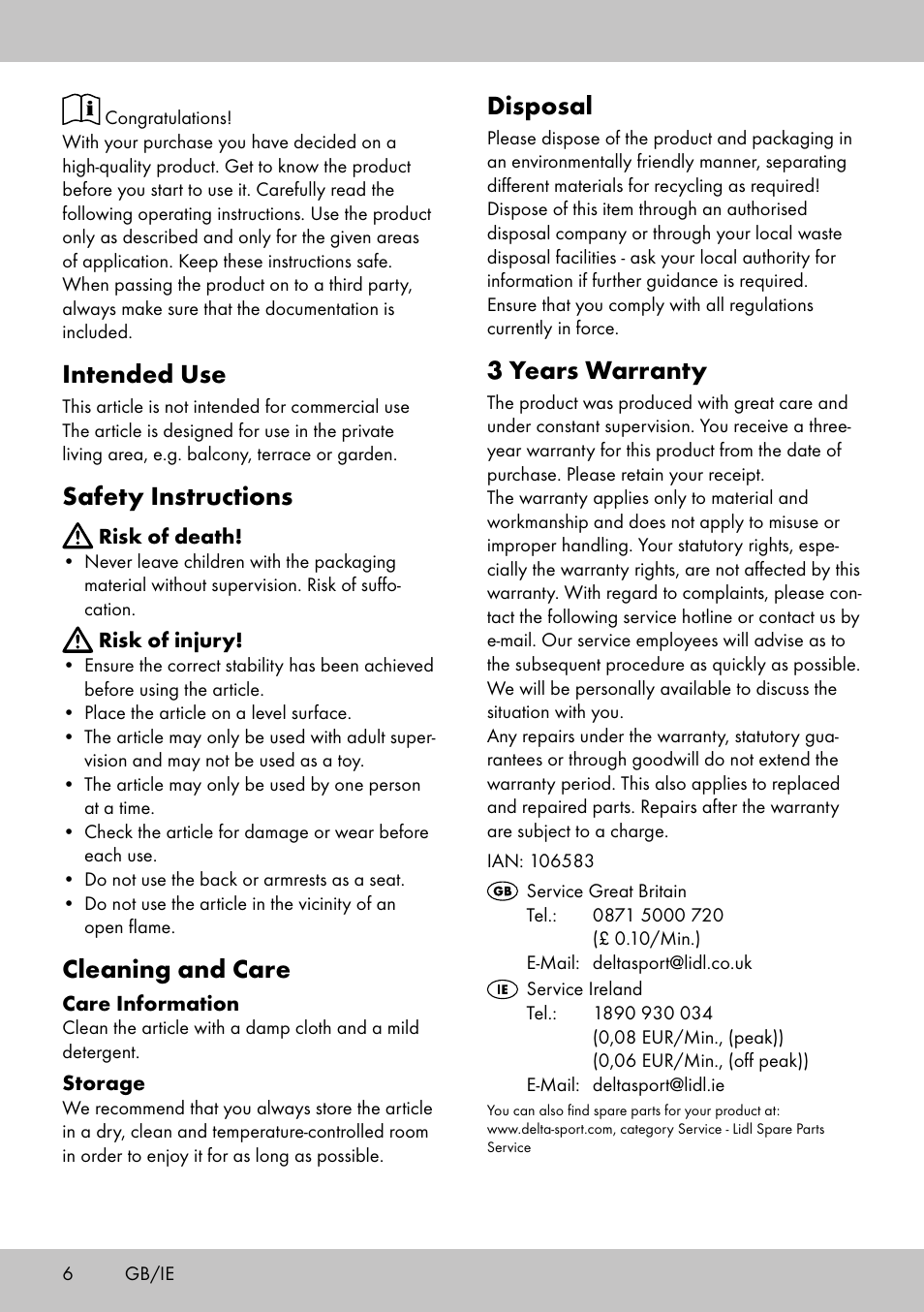 Intended use, Safety instructions, Cleaning and care | Disposal, 3 years warranty | Florabest ST-1706 User Manual | Page 6 / 16