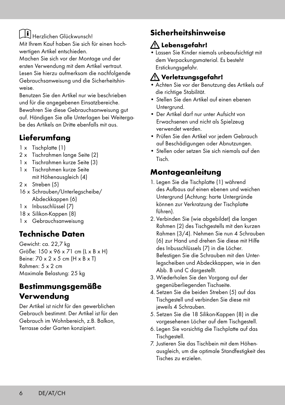 Lieferumfang, Technische daten, Bestimmungsgemäße verwendung | Sicherheitshinweise, Montageanleitung | Florabest AG-1780 User Manual | Page 4 / 14