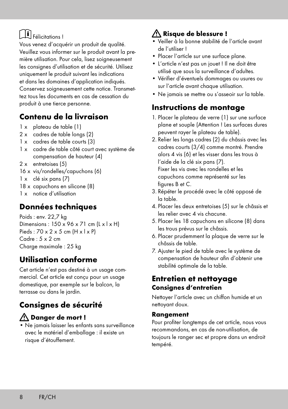 Contenu de la livraison, Données techniques, Utilisation conforme | Consignes de sécurité, Instructions de montage, Entretien et nettoyage | Florabest AG-1780 User Manual | Page 6 / 14