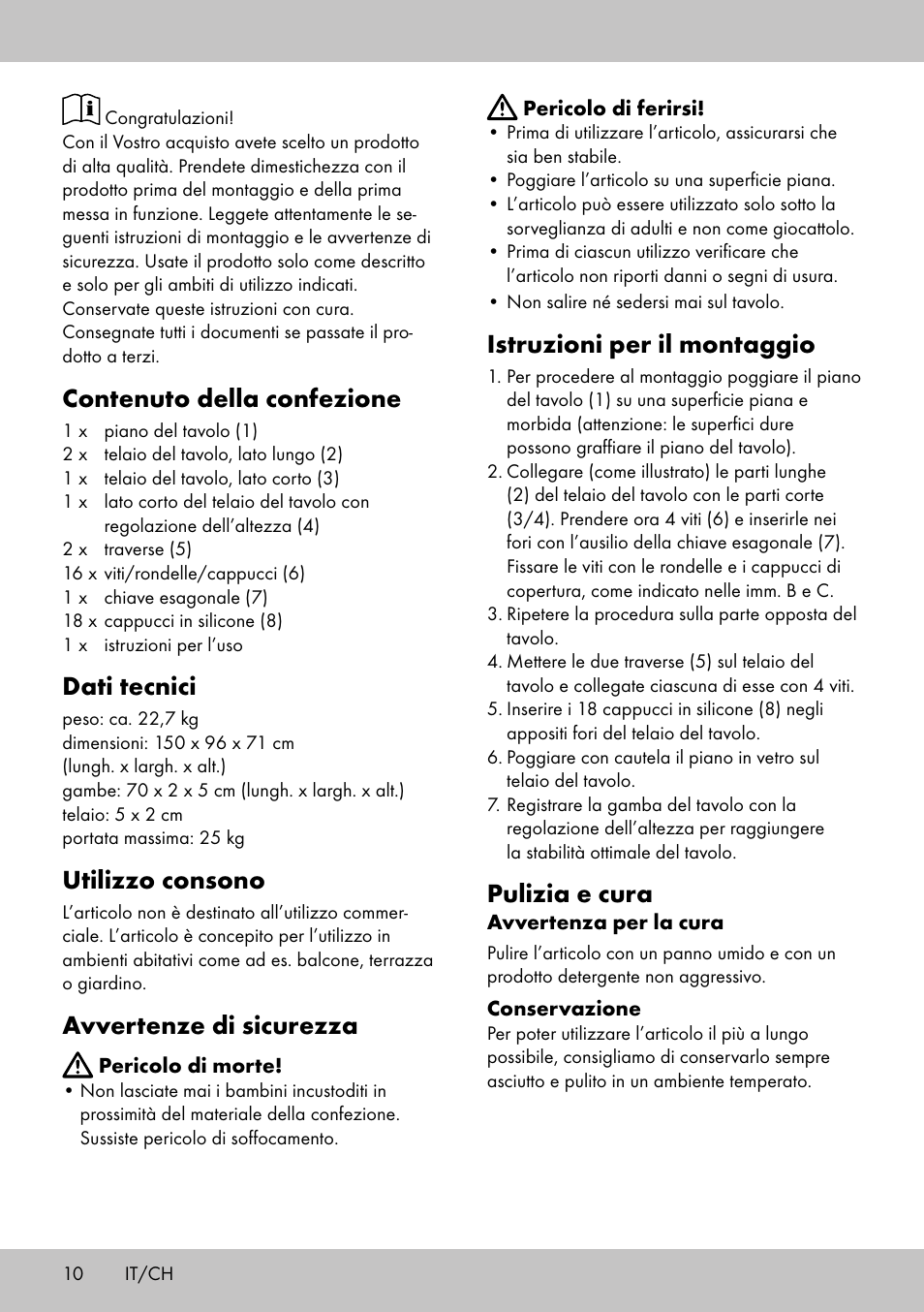 Contenuto della confezione, Dati tecnici, Utilizzo consono | Avvertenze di sicurezza, Istruzioni per il montaggio, Pulizia e cura | Florabest AG-1780 User Manual | Page 8 / 14