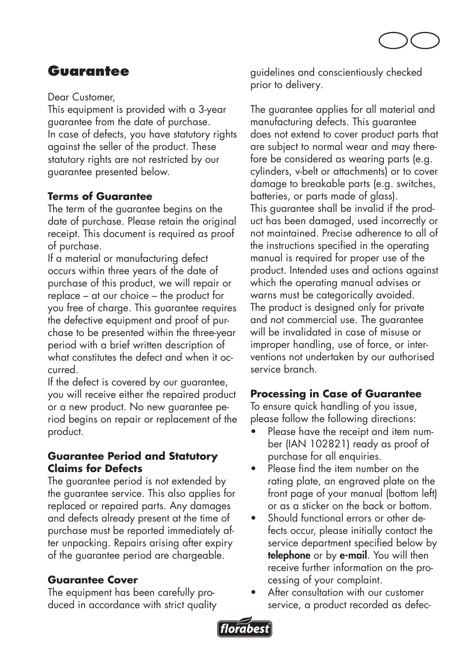 Guarantee, Gb ie | Florabest FLV 1200 A1 User Manual | Page 17 / 72