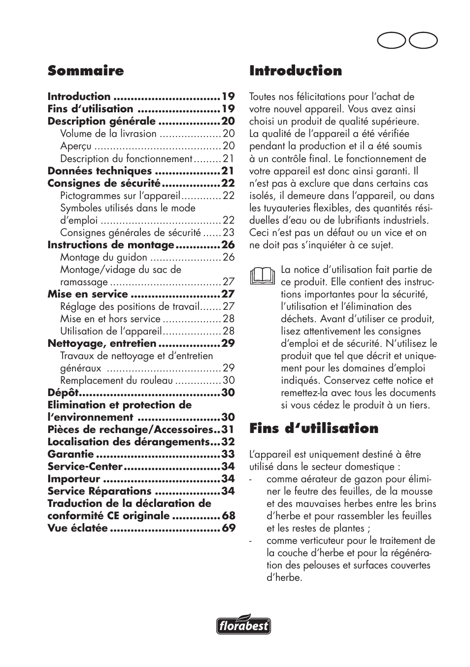 Sommaire, Introduction, Fins d‘utilisation | Fr be | Florabest FLV 1200 A1 User Manual | Page 19 / 72