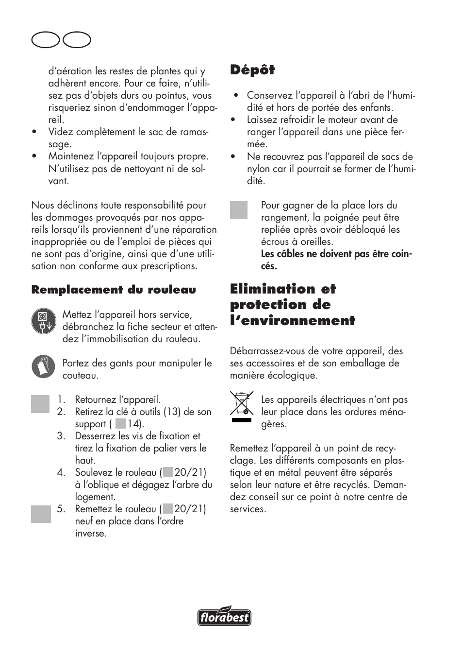 Dépôt, Elimination et protection de l‘environnement, Fr be | Florabest FLV 1200 A1 User Manual | Page 30 / 72