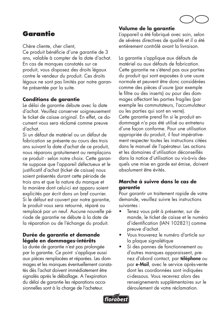 Garantie, Fr be | Florabest FLV 1200 A1 User Manual | Page 33 / 72