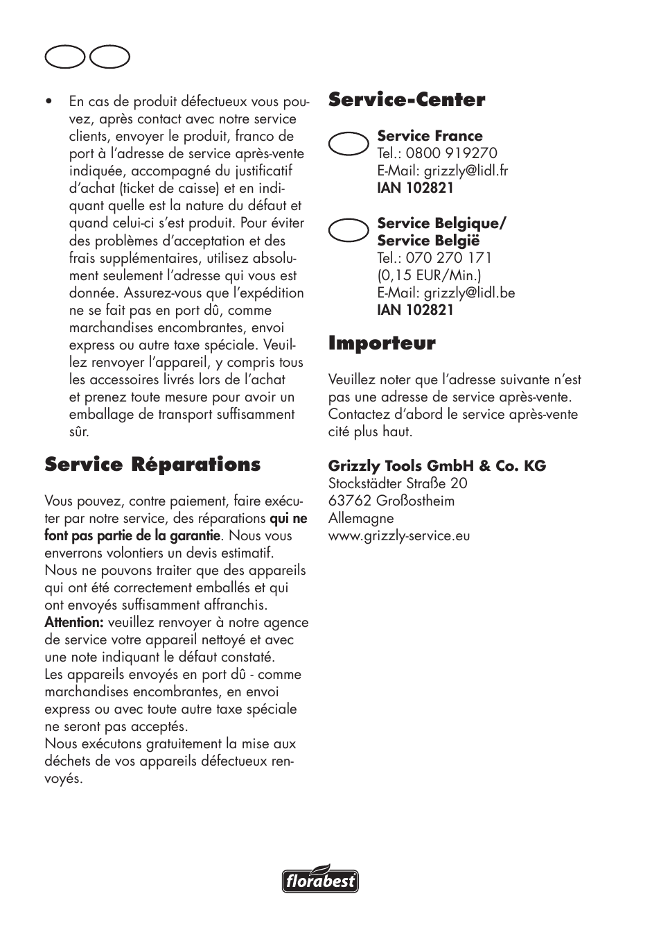 Service réparations, Service-center, Importeur | Fr be | Florabest FLV 1200 A1 User Manual | Page 34 / 72