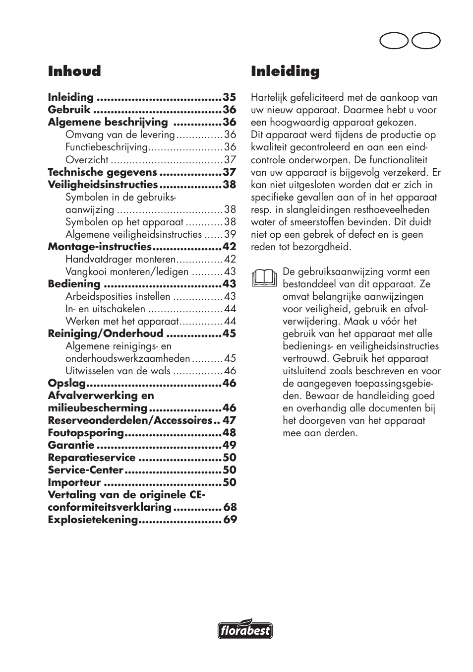 Inhoud, Inleiding, Nl be | Florabest FLV 1200 A1 User Manual | Page 35 / 72