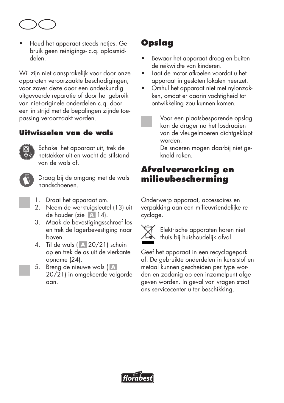 Opslag, Afvalverwerking en milieubescherming, Nl be | Florabest FLV 1200 A1 User Manual | Page 46 / 72