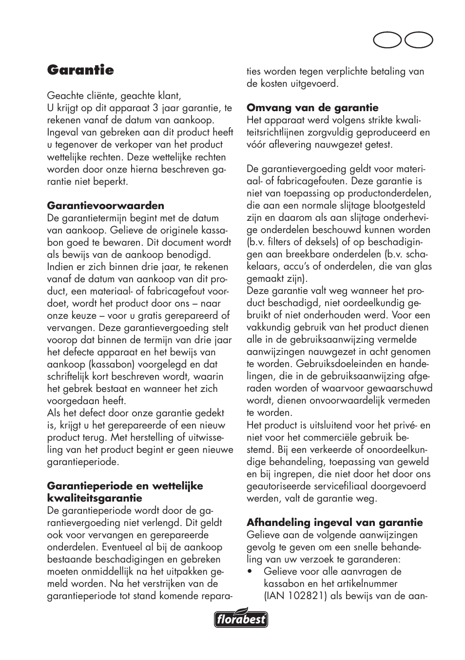 Garantie, Nl be | Florabest FLV 1200 A1 User Manual | Page 49 / 72
