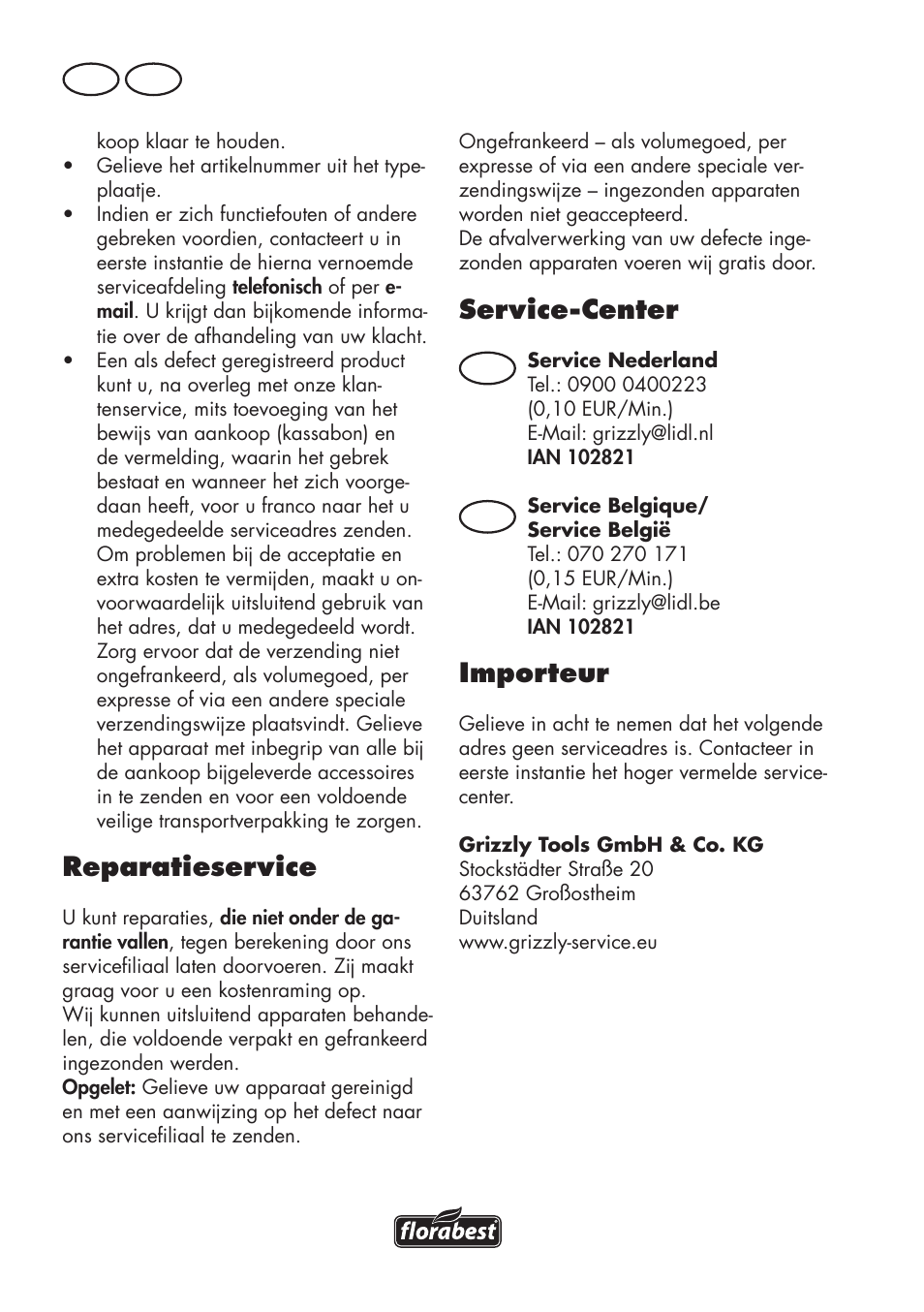 Reparatieservice, Service-center, Importeur | Nl be | Florabest FLV 1200 A1 User Manual | Page 50 / 72