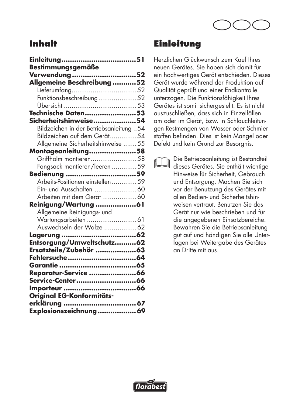 Inhalt, Einleitung, De at ch | Florabest FLV 1200 A1 User Manual | Page 51 / 72