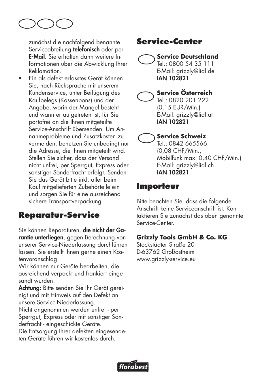 Reparatur-service, Service-center, Importeur | De at ch | Florabest FLV 1200 A1 User Manual | Page 66 / 72