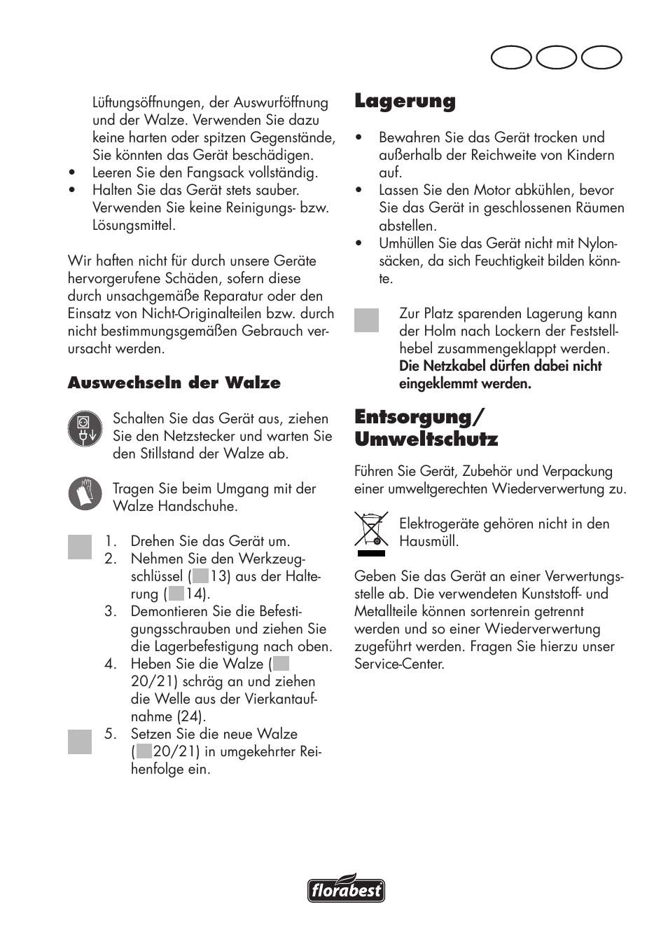 Lagerung, Entsorgung/ umweltschutz, De at ch | Florabest FLV 1200 A1 User Manual | Page 15 / 72