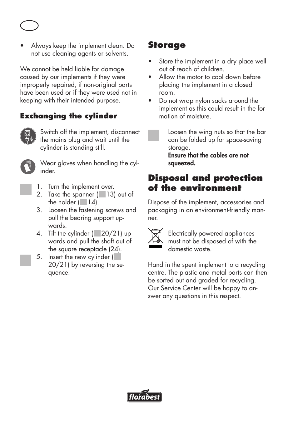 Storage, Disposal and protection of the environment | Florabest FLV 1200 A1 User Manual | Page 62 / 72