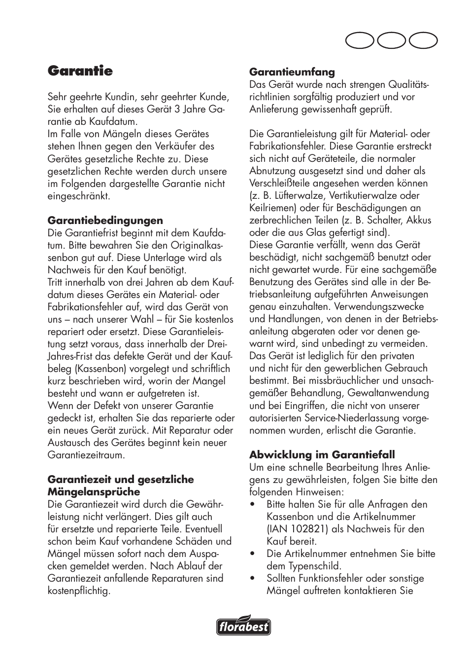 Garantie, De at ch | Florabest FLV 1200 A1 User Manual | Page 107 / 116