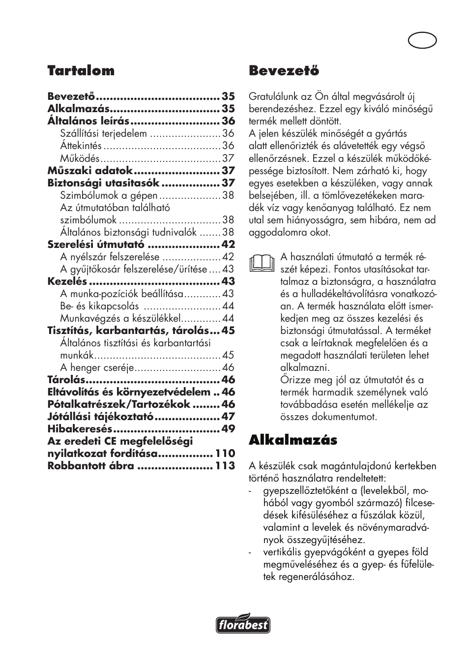 Tartalom, Bevezető, Alkalmazás | Florabest FLV 1200 A1 User Manual | Page 35 / 116