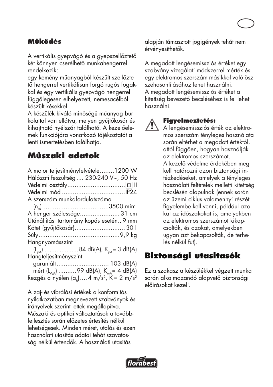 Műszaki adatok, Biztonsági utasitasók | Florabest FLV 1200 A1 User Manual | Page 37 / 116