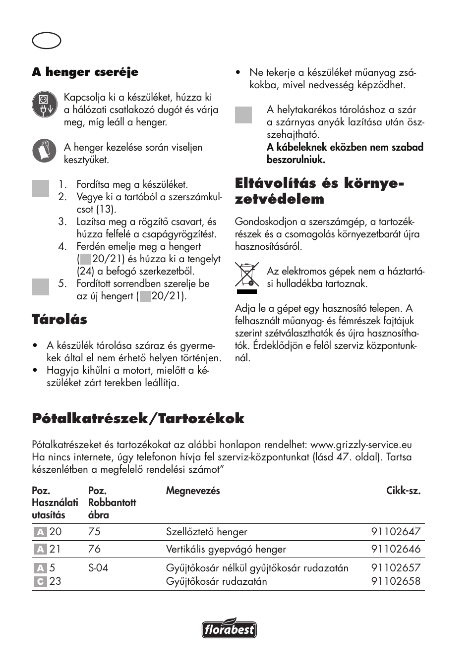 Tárolás, Eltávolítás és környe- zetvédelem, Pótalkatrészek/tartozékok | Florabest FLV 1200 A1 User Manual | Page 46 / 116